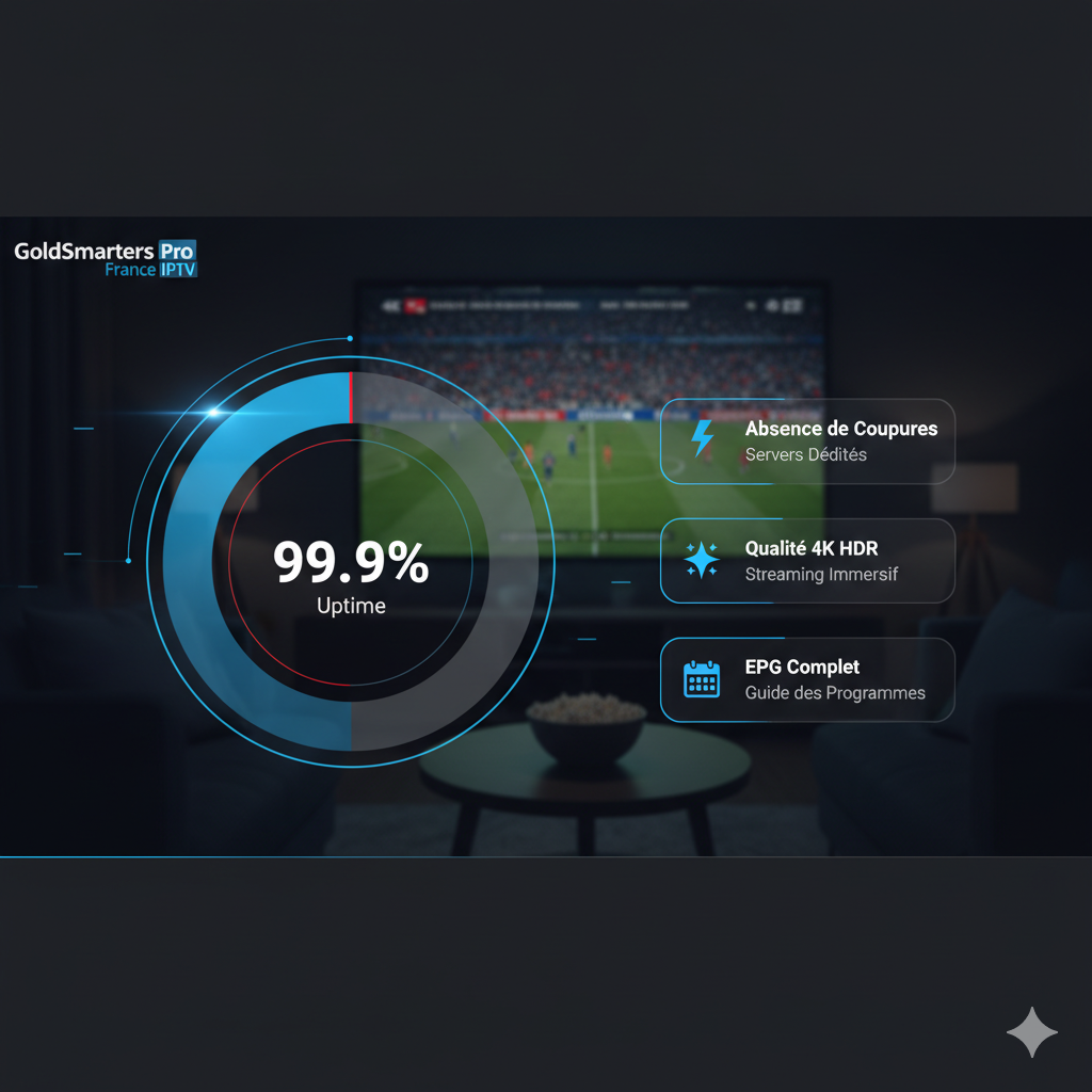 Tableau de bord GoldSmarterspro affichant 99,9% de disponibilité pour un streaming IPTV stable