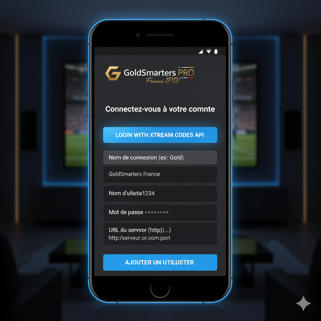 Capture d'écran de l'application IPTV Smarters Pro montrant l'écran de connexion avec les champs pour l'API Xtream Codes