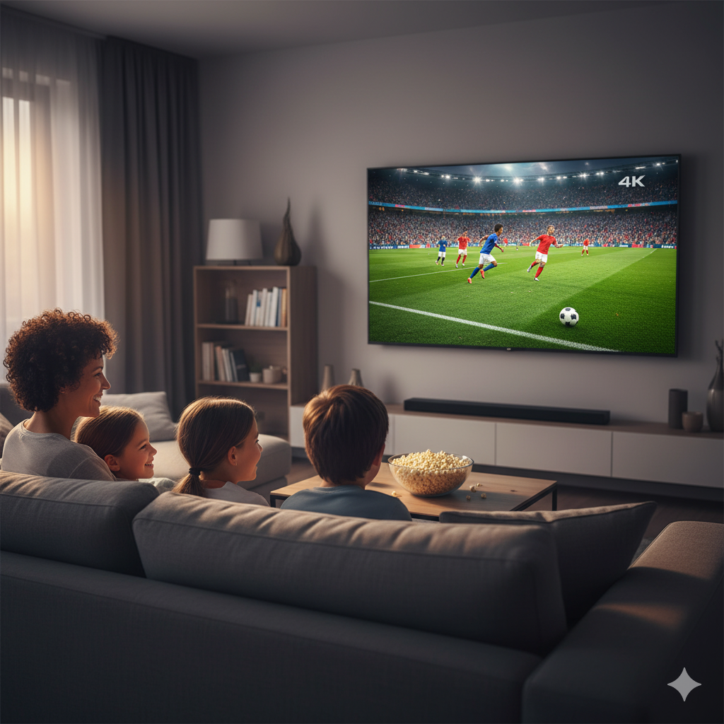 Famille heureuse regardant des films ou du sport en qualité 4K sur une grande Smart TV, symbolisant l'expérience France IPTV Pro